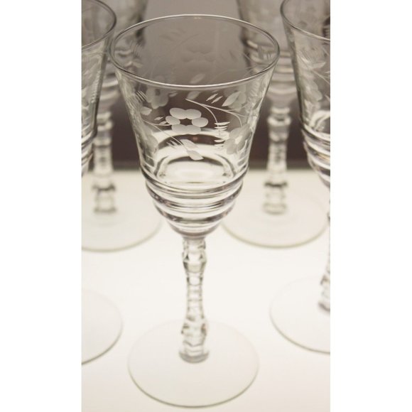 7 Rock Sharpe Halifax Water Goblet Crystal Glass Floral Etch Cut Stem Circa 40s - Picture 2 of 8